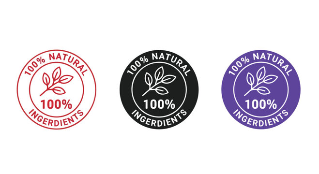 Set of circular badge logos showing 100 percent natural ingredients in red, black, and purple variations.