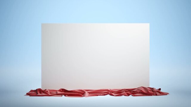 Red cloth unveiling a blank white presentation board. Empty podium covered with red cloth. Isolated with luma matte, green chromakey.