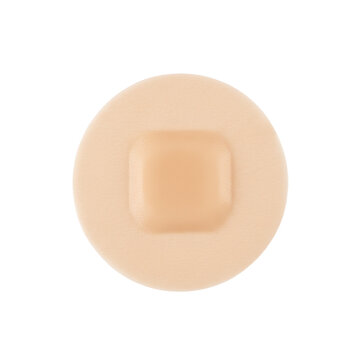Circular hydrocolloid bandage with matte beige texture on white background, thin tapered edges and gel center, clean pharmaceutical product advertising atmosphere