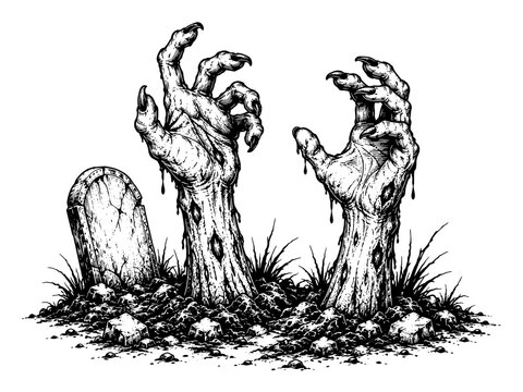 Two undead zombie hands rise from a grave beside a weathered tombstone in detailed black and white engraving style for halloween horror designs.