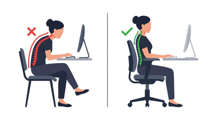 Fototapeta premium Correct and Incorrect Sitting Posture at Computer Desk Comparison