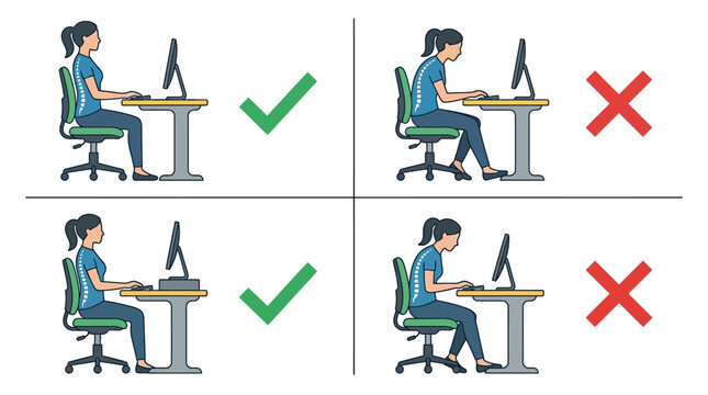 Infographic showing correct and incorrect ergonomic computer desk sitting posture