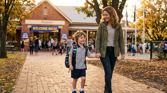 Mother and son walking from primary school. Child boy in uniform holding hands with mom. BFamily and bck to school education concept with warm sunlight and autumn leaves