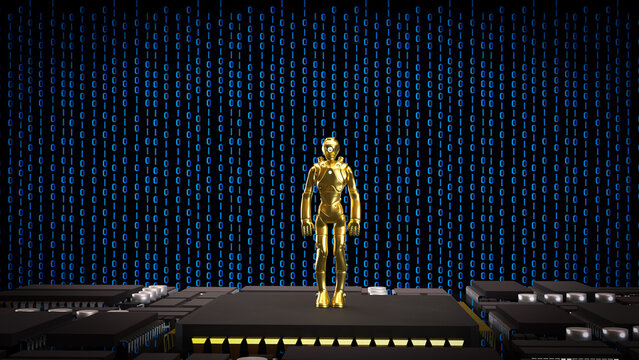 Golden Humanoid Robot On Digital Data Stage 3d render.