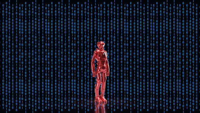 Red Humanoid Robot With Digital Binary Background 3d render.