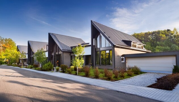 row of modern houses with unique gabled roofs harmonizing with the natural surroundings and creating a peaceful street view