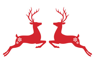 Red deer silhouettes with snowflakes on white background  two reindeer in mid stride © MadhobiRani