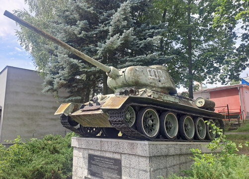 Soviet T-34 tank monument on memorial pedestal in Stanislavice, Czech Republic.