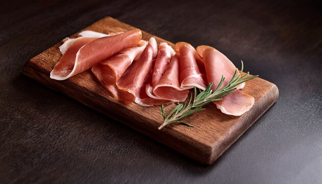thinly sliced pieces of proscuitto neatly presented on a wooden serving board along with a spring of rosemary garnish