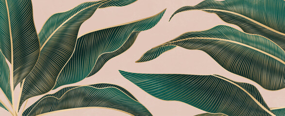 Fototapeta premium Luxury art backdrop with green tropical leaves in a gold steel line. Botanical banner for decor, prints, posters, textiles, packaging, and wallpaper.