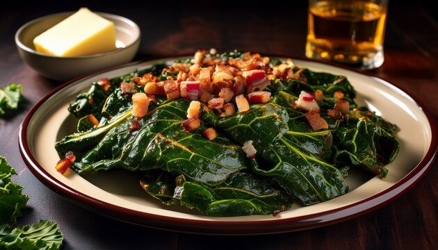 southern style collard greens with bacon bits and a side of butter