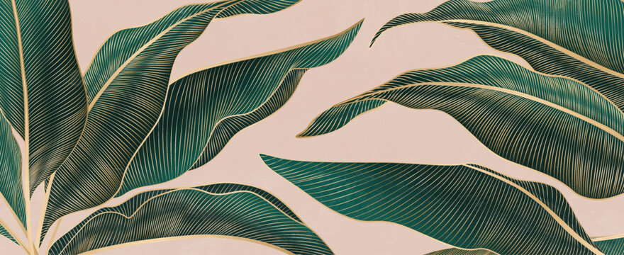 Luxury art backdrop with green tropical leaves in a gold steel line. Botanical banner for decor, prints, posters, textiles, packaging, and wallpaper.