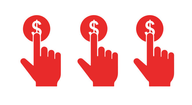 Triple red hand cursor icons with dollar signs representing clicks and online payments.