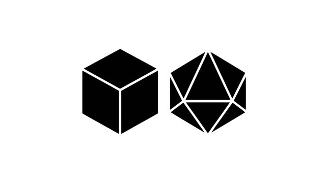 Vector illustration of black silhouette icons of a cube and an icosahedron dice on a transparent background