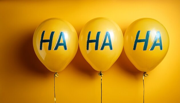 four yellow balloons with h a h a text on a yellow background haha celebration