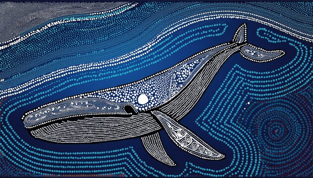 australian aboriginal dot painting art dreaming of whales in the blue ocean