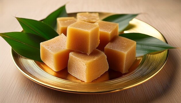 cubed getuk cassava sweets glistening softly rest on a golden trimmed plate with fresh green leaf accents