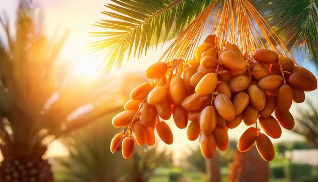 ripe orange dates cluster hanging from a palm tree branch in sunlight fruit