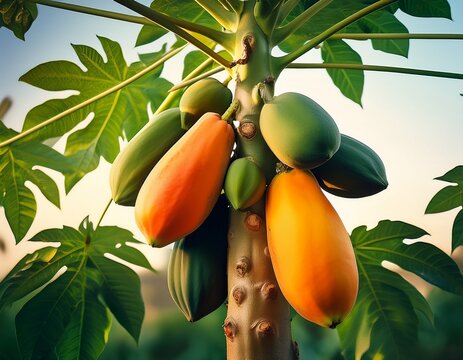 ripe and unripe papayas hanging from a tree branch with green leaves fruit tropical