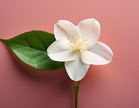 single white jasmine flower with green stem on pink background
