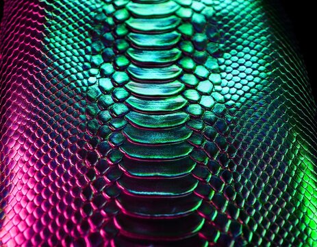 holographic iridescent snake skin texture pattern with neon green and pink colors on dark background