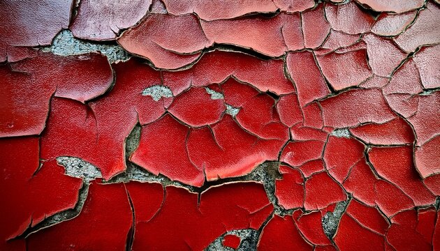 close up of a weathered red surface with scratches and peeling paint revealing a textured and aged appearance
