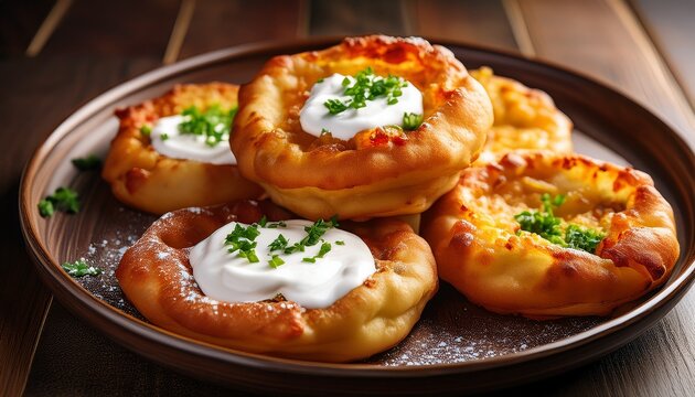 hungarian langos fried dough topped with sour cream and cheese