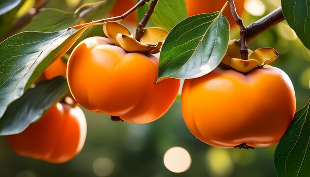 ripe orange persimmons hanging from a leafy green tree branch fruit