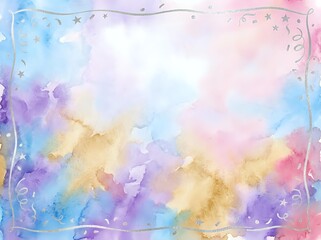 Fototapeta premium Soft watercolor background with pastel rainbow colors and decorative border frame for creative projects and artistic designs.
