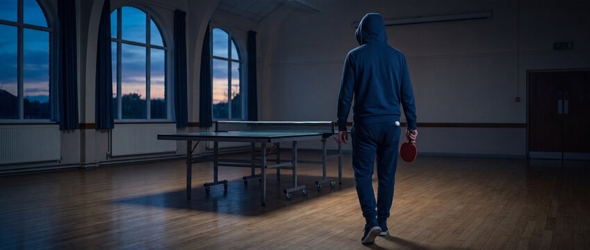 A solitary hooded player walks toward a ping pong table in a dimly lit atmospheric gymnasium at twilight with soft ambient light streaming through the large arched windows