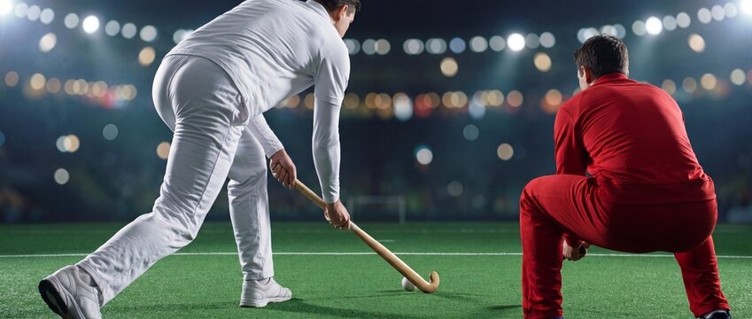 Field hockey players competing in stadium at night with bright floodlights facing off for possession of the ball on artificial turf during an intense professional match event