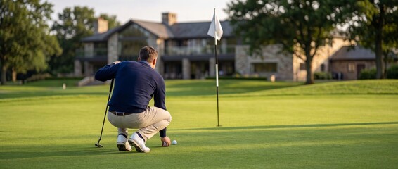 Obraz premium Professional golfer crouching on putting green to read the line of a putt during a sunny afternoon at a luxury country club course with a large clubhouse in the background
