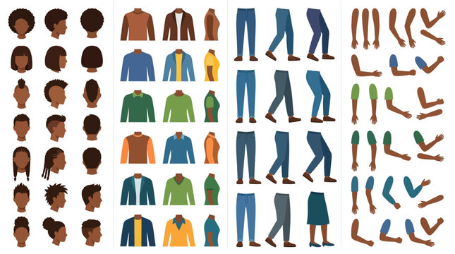 Flat vector character constructor kit with various hairstyles and clothing