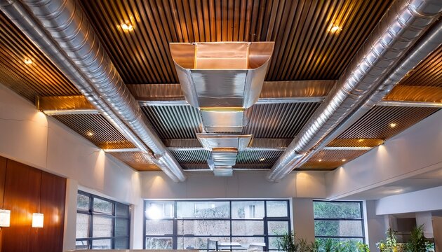 newly installed steel air conditioning duct pipes and lighted vents illuminate a renovated commercial space highlighting industrial ventilation ductwork in a modern cafe or restaurant