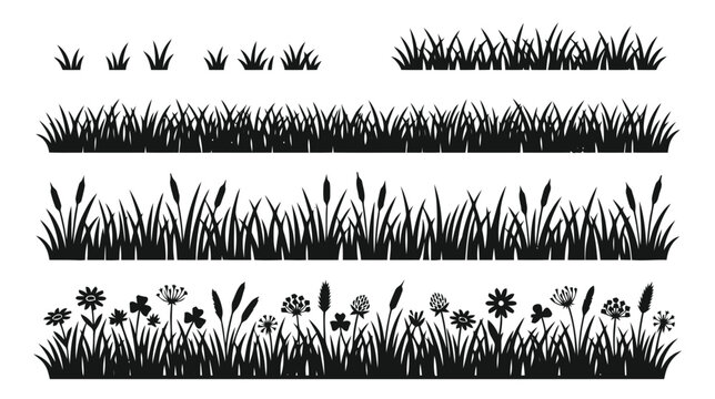 Vector illustration of set of black silhouettes of grass and wildflowers on a transparent background