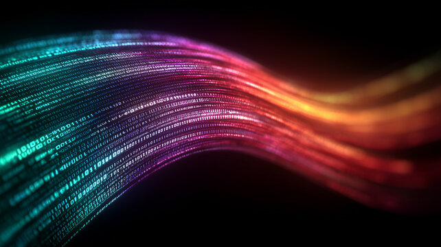 Flowing wave of digital binary code, representing data transfer, programming, information movement, and advanced technology communication.
