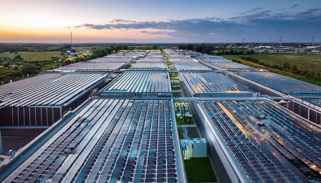 aerial view of modern data center campus with processing units server racks and cooling systems