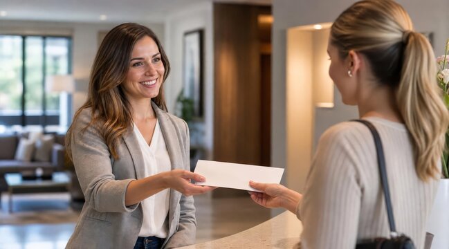 Property manager handing envelope to tenant