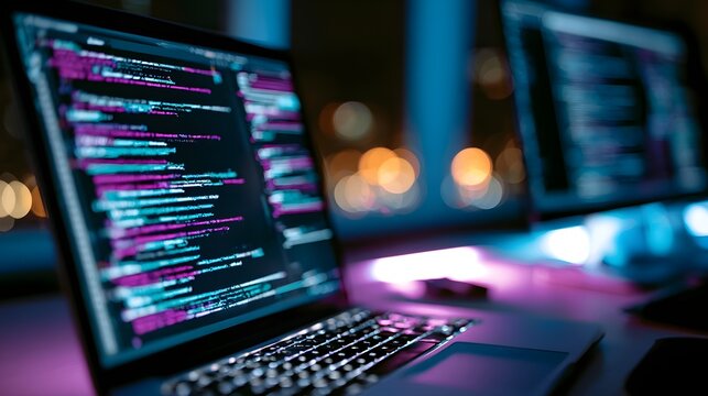 Laptop computer screen displaying lines of colorful software code in a dark office setting with neon blue and purple lights