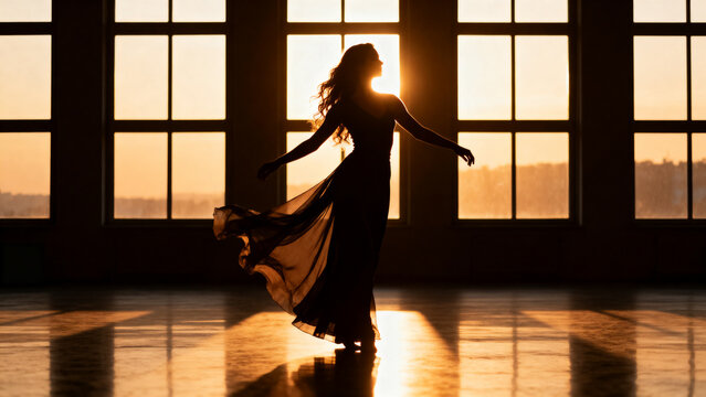 A collection of artistic silhouette photographs capturing a dancer in motion before large sunlit windows. Each frame highlights graceful movement, flowing fabric, and the interplay of light and shadow