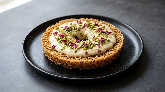 Gourmet Ghevar Sweet Indian Pastry with Rabdi Pistachio and Almonds