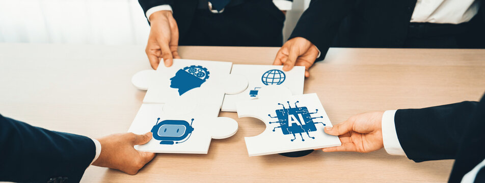 A dynamic office scene showcasing professionals collaborating with puzzle pieces that represent artificial intelligence, technology, and global connectivity. Amity