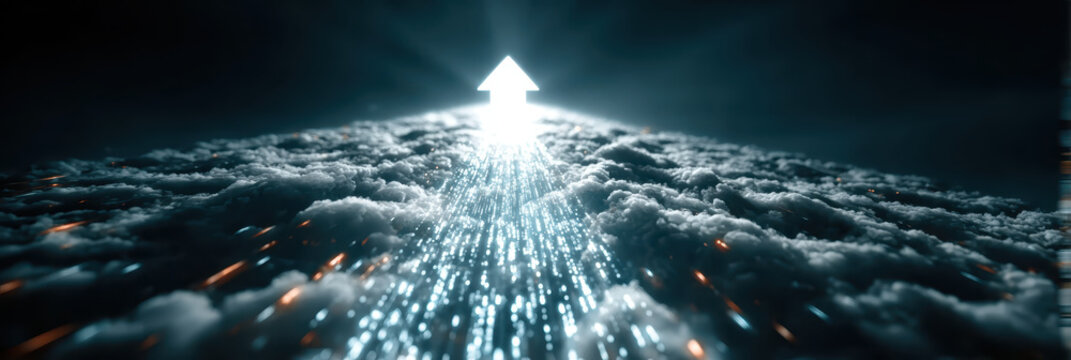 Arrow up cloud data binary code digital cloud network growth financial growth investment growth upward trend data stream glowing arrow technology background abstract background innovation success