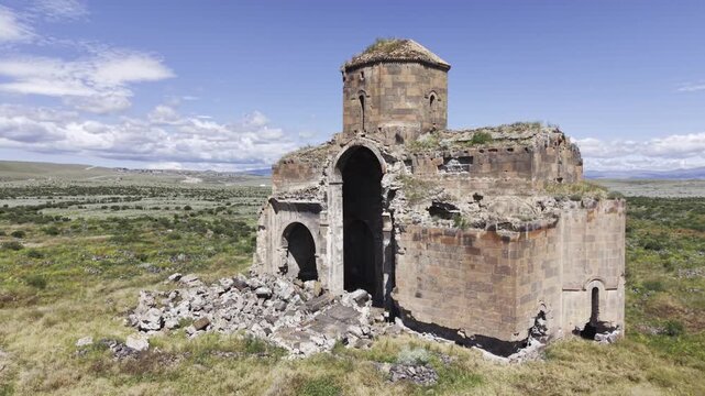 Cinematic Drone Footage of Mren Cathedral Ruins in Digor Kars Province Turkey Eastern Anatolia Border Region Cultural Heritage Landscape