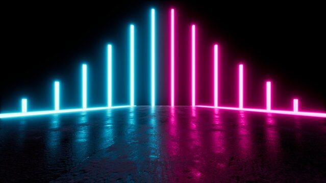 Neon corner installation with ascending cyan and magenta light bars reflecting across glossy wet floor in dark interior, creating symmetrical modern glow and vibrant contrast