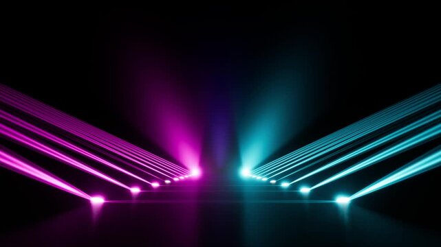 A futuristic dark runway with cyan and magenta spotlights and a reflection on the floor.