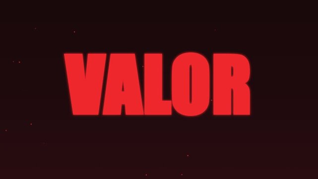 Valor text animation with red glowing typography on dark 4k background, for cinematic titles, and motivational motion