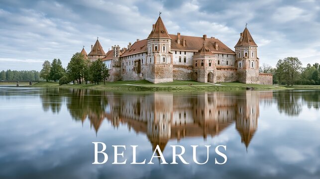 Mir castle, a unesco world heritage site, is reflecting in its defensive lake in belarus