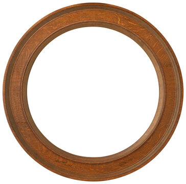 Vintage round wooden frame overlay isolated on transparent background (png). Antique brown wood circle border template with natural grain texture and blank cutout copy space.