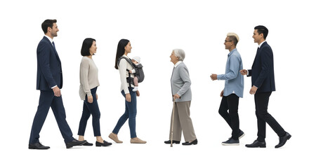 Obraz premium Businesspeople Walking in a Line on White Background with Confident Expressions